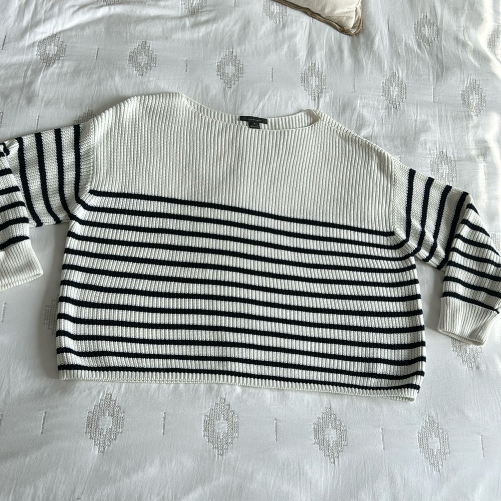 French Connection White Boat Neck Oversized Boxy Sweater with Navy Stripes